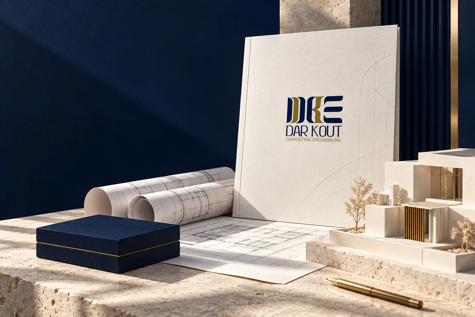 Dar Kout identity on a presentation folder beside architectural plans and a model