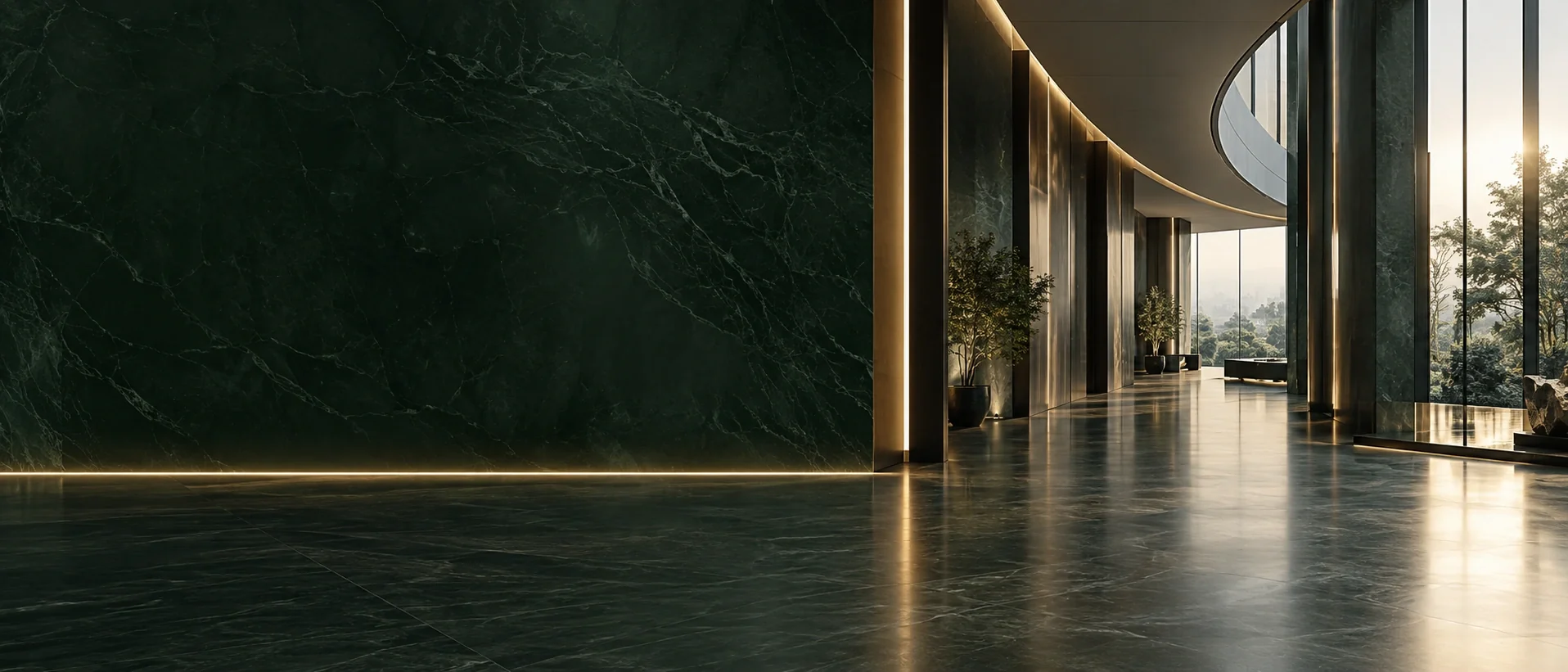 Green marble architecture with gold detailing and natural light